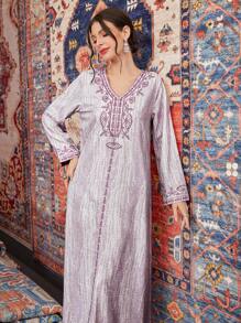 Al Najma 女士植物刺绣长袖阿拉伯连衣裙 - 彩色 - 查看 7