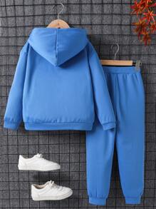 男孩休閒藍色連帽運動衫和運動褲套裝,家庭配套服裝（4 套單獨出售） - 藍色 - 查看 2