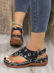 Women's Thick-Bottomed Casual Comfortable Sandals With Buckles, Random Color, Faux Leather With Small Holes On Polyurethane Soles - Black - View 6
