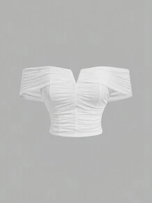 SHEIN MOD  Plus Size Solid Color Off Shoulder Pleated White T-Shirt,Draped,Valentine Day - White - View 1