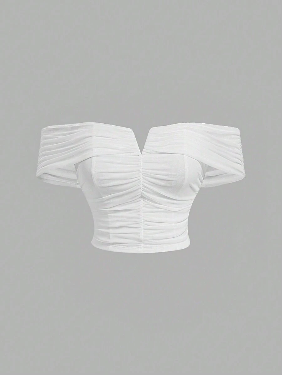 SHEIN MOD Plus Size Solid Color Off Shoulder Pleated White T-Shirt,Draped,Valentine Day - White - View 1