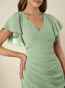 SHEIN Belle V 领蕾丝边泡泡袖褶饰高开叉伴娘礼服优雅连衣裙 - 薄荷綠 - 查看 7