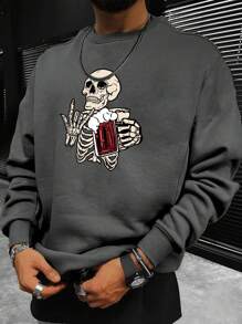 Men's Skull Pattern Long Sleeve Pullover Sweatshirt, For Halloween - Dark Grey - View 1