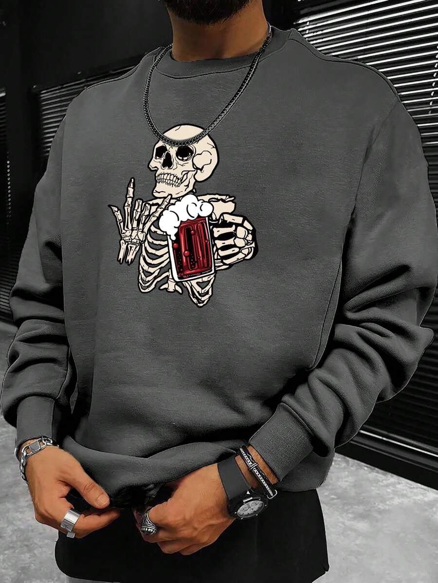 Men's Skull Pattern Long Sleeve Pullover Sweatshirt, For Halloween - Dark Grey - View 1