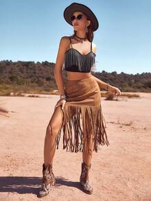 RELISH NOLESS Của phụ nữ Vá lại Fringe Hem Váy - Lạc đà - Xem 3