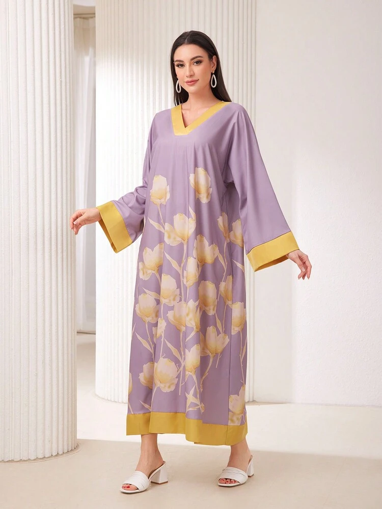 Women's Floral Printed Long Sleeve Arabian Dress
