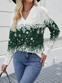 SHEIN LUNE 女款雪花印花長袖t恤 - 綠色 - 查看 5