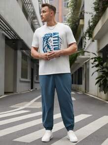 Mainfolk 男士大尺碼獅子和字母印花短袖 T 恤和短褲休閒 2 件套服裝 - 藍白色 - 查看 10