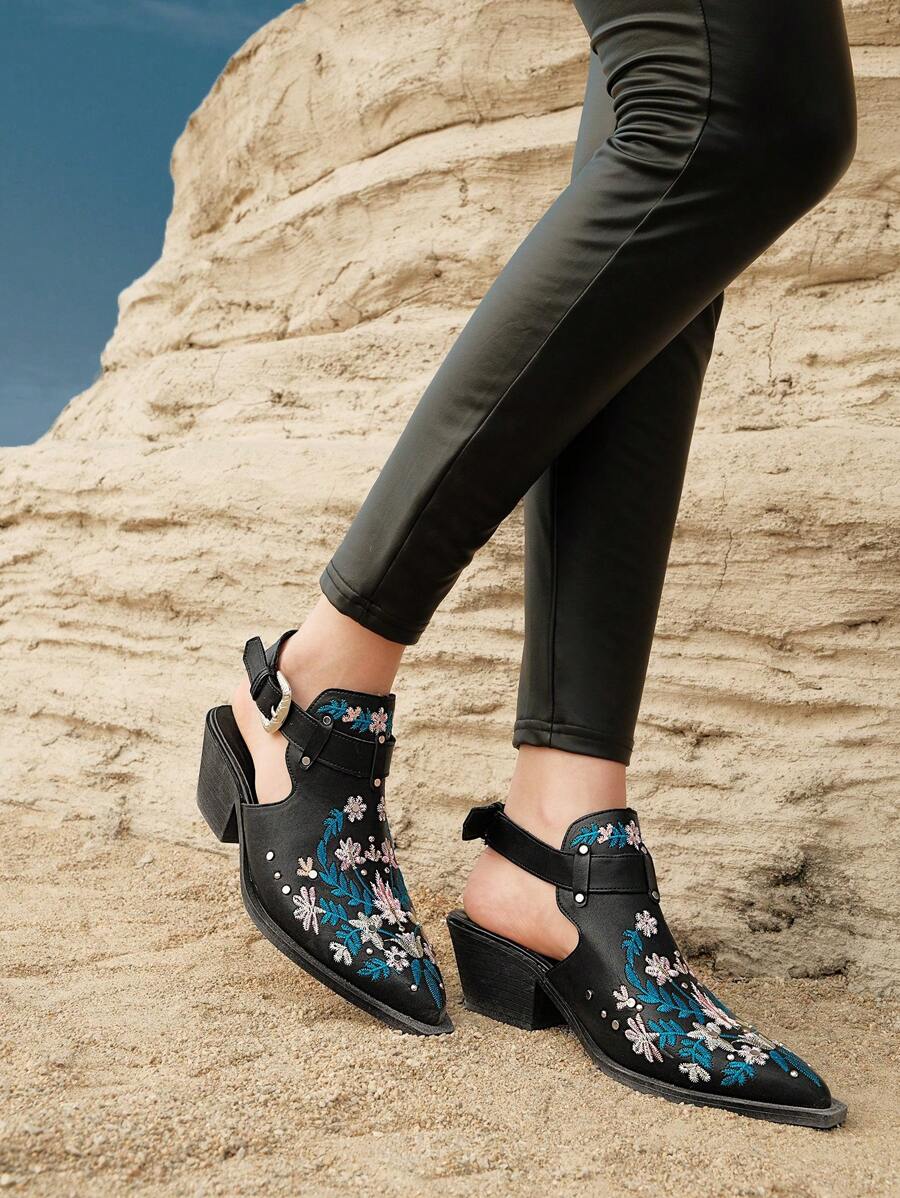 Styleloop 女性時尚復古刺繡&鉚釘穆勒鞋,踝靴,和短靴 - 黑色 - 查看 1