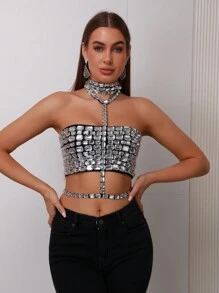 Love Aing 女士水钻“LOVE”挂脖吊带背心，性感百搭 - 黑色 - 查看 4