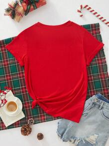 SHEIN LUNE 1 pièce T-shirt ajusté à col rond à manches courtes pour femmes, thème de la Saint-Valentin décontracté avec imprimé de cœur et geste de la main, pour l'été