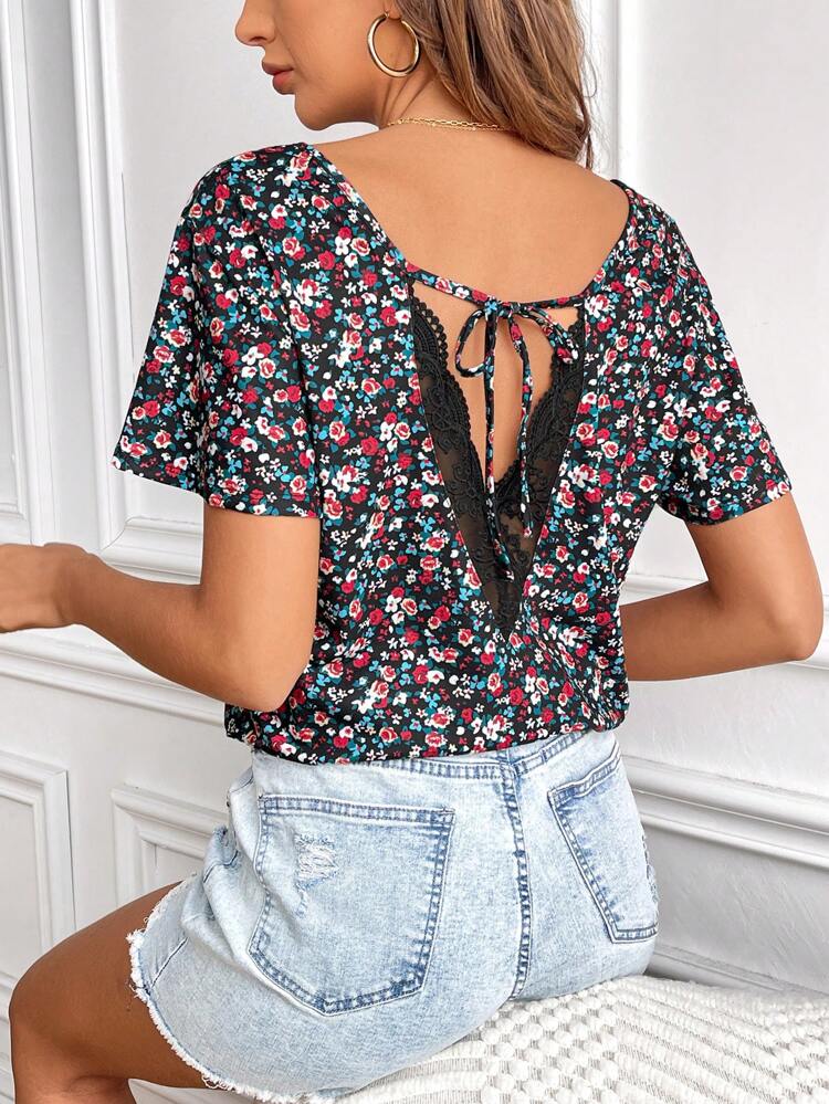 V-Neck Floral Print Spliced Lace Detail Tie Back Short Sleeves T-Shirt Summer Vacation Flower