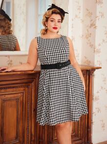 Vintamour 大码复古优雅女式无袖 A 字形连衣裙，采用千鸟格羊毛面料，配腰带音乐会复古服装黑白连衣裙 - 黑與白 - 查看 3