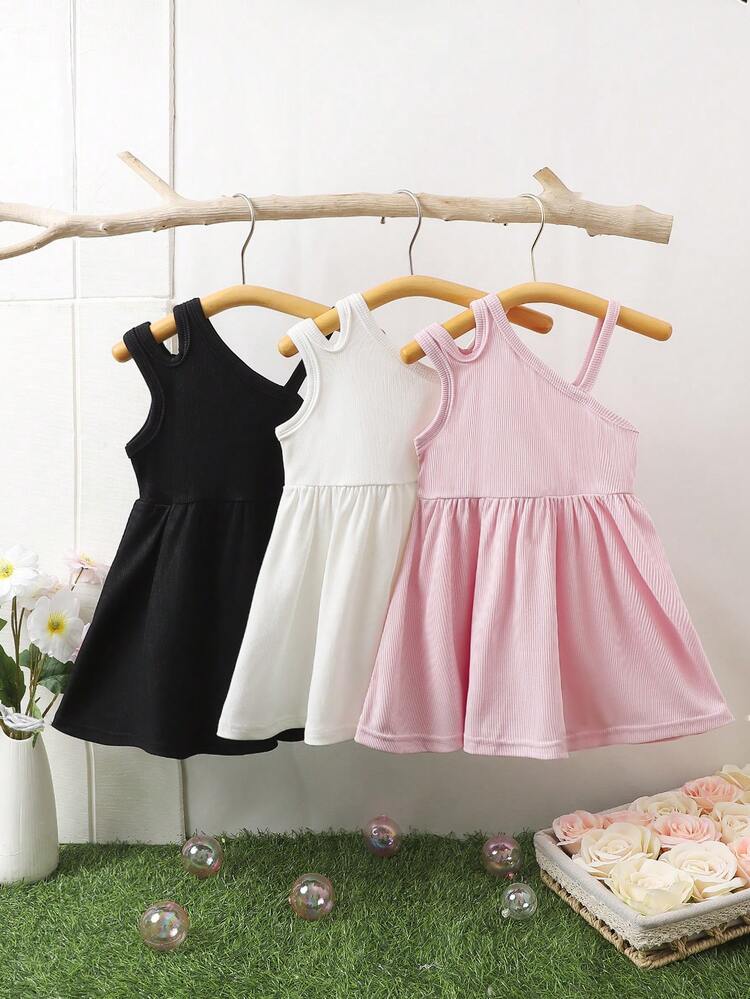 New Arrival Baby Girl Casual Simple Style Asymmetrical Collar Sleeveless Dress With Elastic And Comfortable Material, 3 Colors/Set
