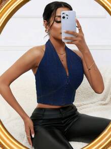 GENKIRA Màu sắc Chặn Denim Áo hai dây - Rửa trung bình - Xem 3