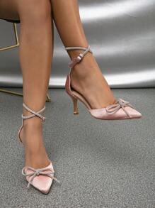 Women's Bowknot High Heel Pumps, Rhinestone Niche Chunky Heel Design Sandals, Hot Girl Pointed Toe Pink High Heel Sandals, Elegant Commuter Shoes, Peep Toe Comfortable Ankle Strap Fashion High Heel Pumps