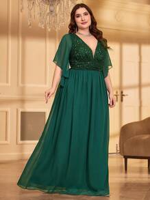 Plus Size Glitter Splicing Chiffon Formal Dress - Dark Green - View 4