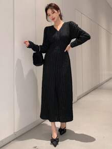 DAZY Ladies' Solid Color Jacquard Side Slit Dress,Fall Dress Long Sleeve Dress - Black - View 5