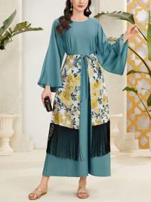 Al Najma Embroidery Patchwork Fringe Decor Flare Sleeve Dress - Green - View 1