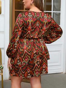 SHEIN Frenchy Plus Size Printed Lantern Sleeve Dress - Black - View 2