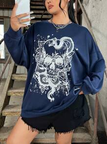 SHEIN EZwear Kích thước lớn Sọ Và Con rắn In Vòng cổ Tay áo dài Áo nỉ - Màu xanh hải quân - Xem 3