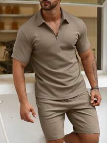 Men'S Solid Color Half-Zip Polo Shirt And Shorts Set - Khaki - View 4