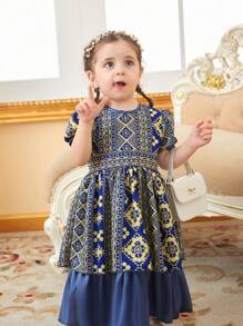 嬰兒女裝幾何印花泡泡袖裙 - 藍色 - 查看 4