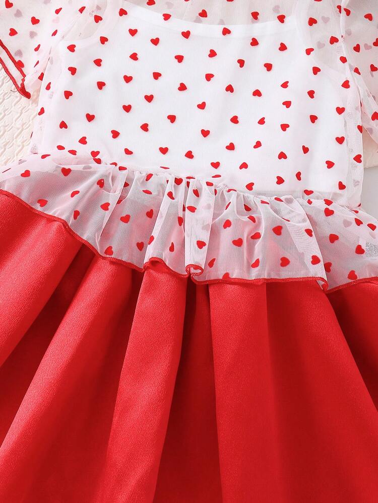 Young Girls' Valentine's Day Heart Flocking Mesh Casual Party Red & White Two Pieces Set
