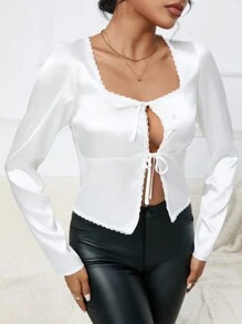 Aveloria Women'S Long Sleeve Lace Panel Tie Detail Shirt Fall Cloth For Women