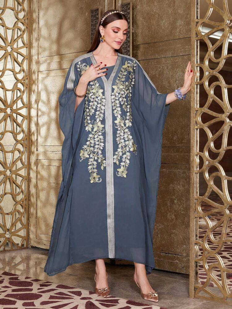 Women'S Turkish Kaftan Dress With Plant Inspired Sticker Decoration, Elegant Luxury Evening Party Style