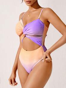 女性彩色拼接扭結和空心設計一片式泳裝 - 彩色 - 查看 4