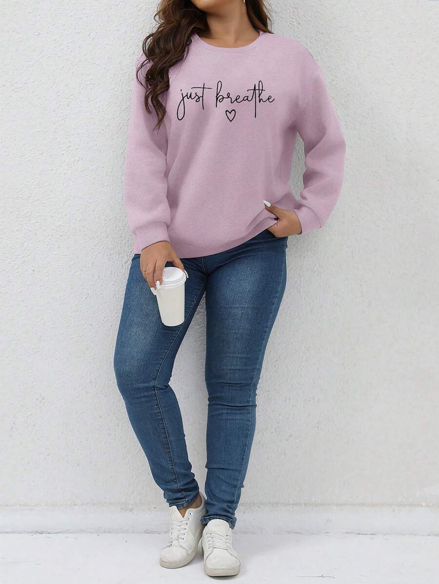 SHEIN Franclia 女式大碼字母和心形印花下垂肩長袖衛衣 - 淡紫色 - 查看 1