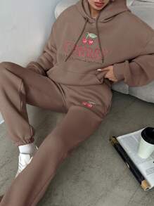 SHEIN Cottnline Women'S Cherry Printed Hoodie And Sweatpants Set With Slogan Print