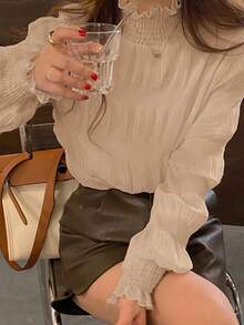 女士纯色荷叶边领长袖宽松衬衫，春秋季 - 杏色 - 查看 4