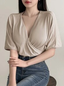 DAZY 女性v領蝙蝠袖t卹 - 杏色 - 查看 2