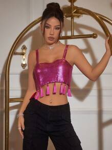 Glamine Ladies' Fashionable Solid Color Fringed & Sparkly Camisole Tank Top - Hot Pink - View 5