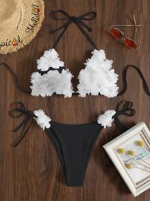 3d花卉裝飾和側邊打結設計的比基尼套裝 - 黑與白 - 查看 4