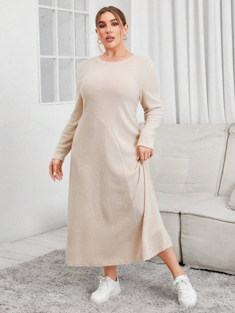 SHEIN Essnce Kích thước lớn Vòng cổ Tay áo dài Đầm - Màu Khaki - Xem 1