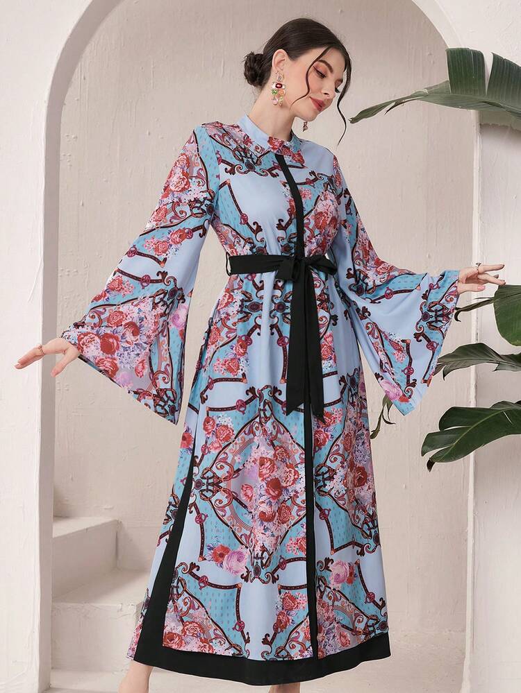 Floral Print Bell Sleeve Arabian Dress