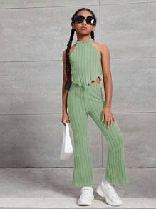 SHEIN Tween Girls' Ribbed Knit Sleeveless Halter Top And Flared Pants Set - Lime Green - View 5