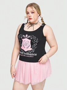 ROMWE Kawaii 夏季加大尺碼甜美緊身皇冠印花女士背心，可愛顯瘦 - 黑色 - 查看 5