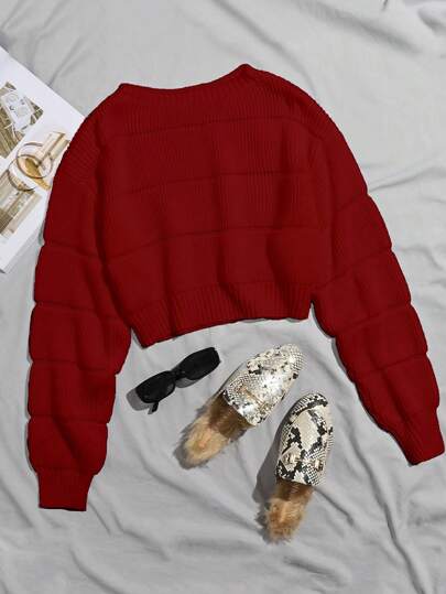 Suéter de cuello redondo de manga larga y unicolor casual para mujer