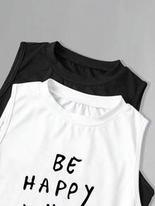 SHEIN EZwear 2pcs/Set Sleeveless Tank Top With Round Neck And Face Print Graphic Tees Women Tops - Black and White - View 3