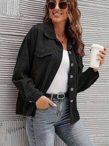 女式黑色灯芯绒落肩夹克，秋冬 - 黑色 - 查看 1