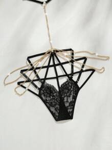 SHEIN 女士性感蕾丝和链条外出内衣 - 黑色 - 查看 4