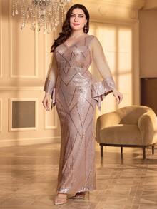 Váy dự tiệc Maxi sequin lưới tương phản dài tay cỡ lớn cho nữ, Váy cô dâu, Trang phục sinh nhật cho phụ nữ, Váy tốt nghiệp, Váy trang trọng - Hồng - Xem 4