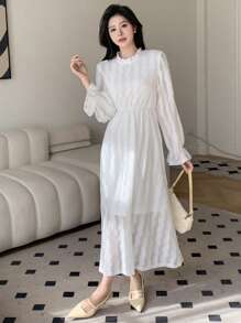 DAZY Damen Einfarbiges Kleid mit Rüschenärmeln, Herbstkleid mit Langarm