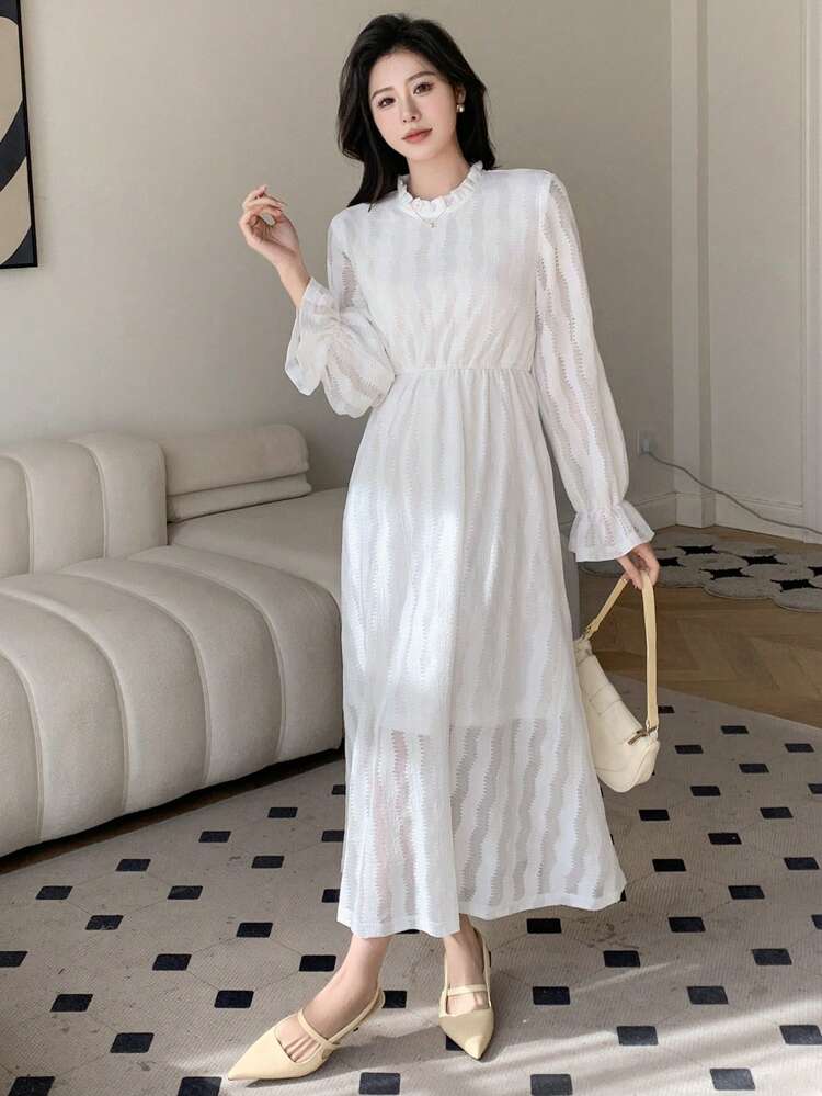 Ladies' Solid Color Ruffled Sleeve Dress, Fall Dress Long Sleeve Dress