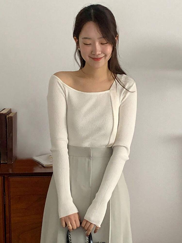 Women'S Solid Color Asymmetrical Neckline Sweater,Fall Women Clothes