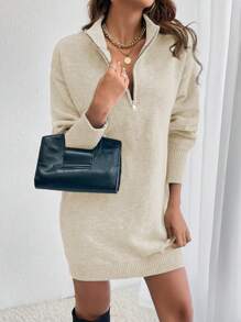 SHEIN Frenchy Một nửa khóa kéo Đứng cổ áo Thả vai Tay áo Đầm Áo len - Màu be - Xem 7